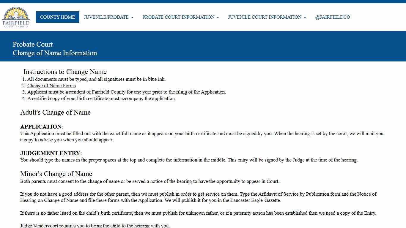 Change of Name - Fairfield County Juvenile/Probate Court, Lancaster, Ohio